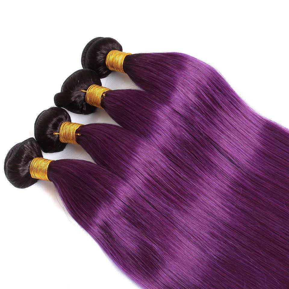 Lila Ombre Glattes Haar 3Bundles Mit 4 * 4-Spitze-Schliessen Lila Ombre Haar spinnt mit Spitze Schließung / Malaysian Jungfrau-Menschenhaar