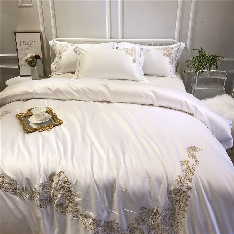 White Luxury Golden Embroidery Silk Cotton Bedding Set Queen King White Luxury Golden Embroidery Silk Cotton Bedding Set Queen King Size Bed Duvet Cover Linen Sheet Pillowcases Girls Comforter
