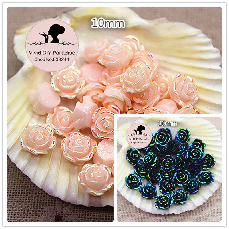 10mm Black Pink Shiny Ab Resin Rose Flower Flatback Cabochon For Diy