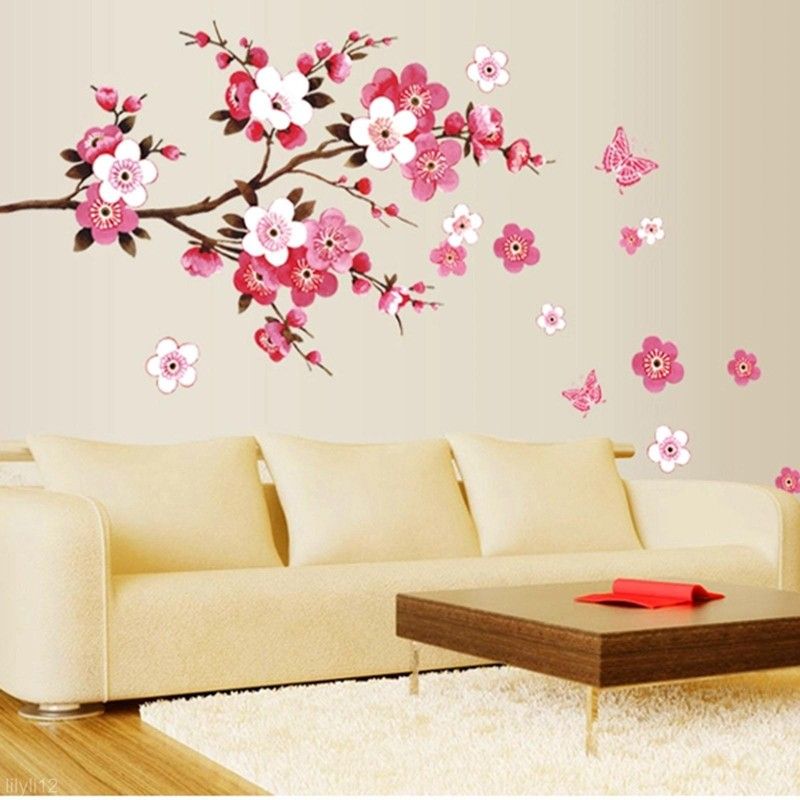 high quality useful removable wall sticker pink flower butterfly