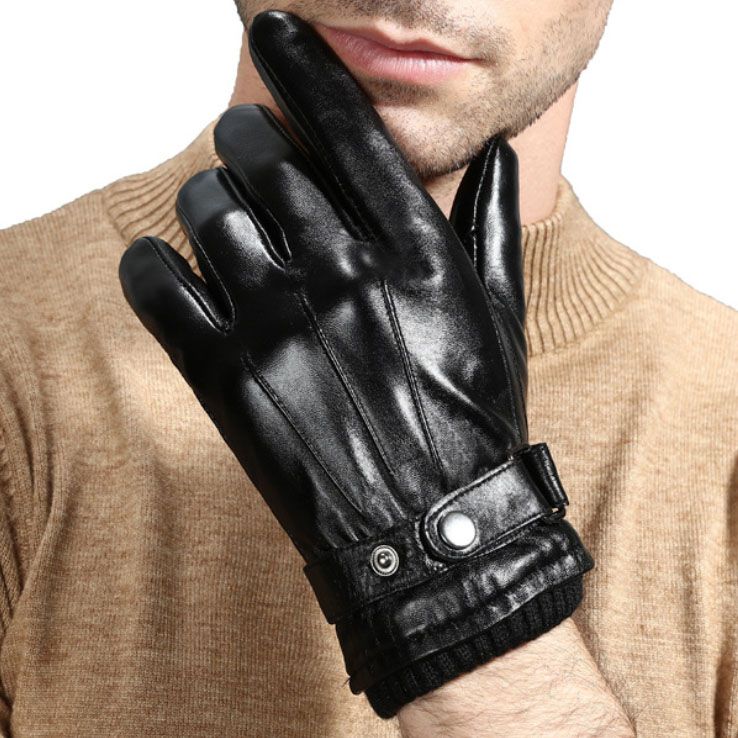 Men/'s Black Touch Screen Genuine Sheepskin Leather Gloves 4 lines Wool Wrist New