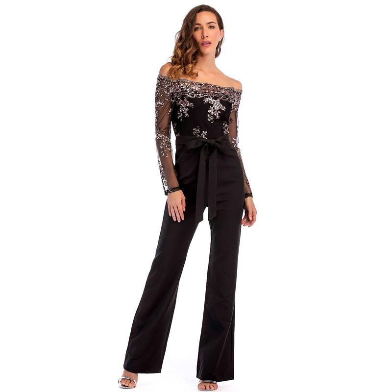 2020 Slash Neck Black Jumpsuit Sequined 