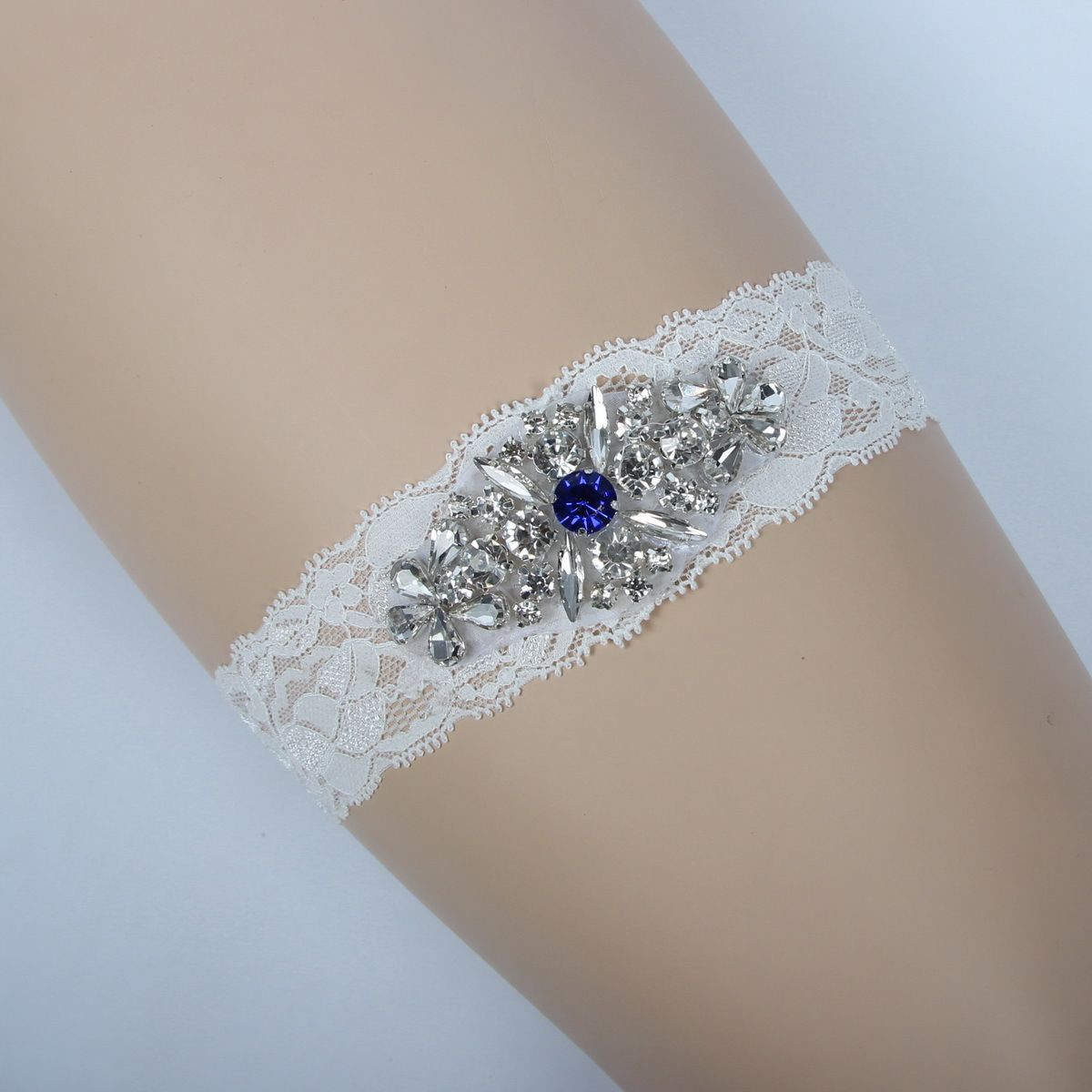 One Piece Lace Wedding Garters Set Bridal Garters Belt Blue Rhinestones