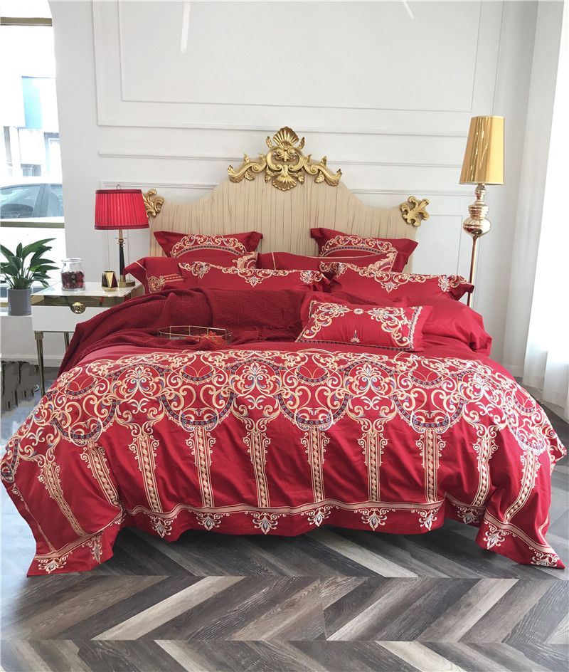 Red Luxury Wedding Style Golden Royal Embroidery 100s Egyptian Red Luxury Wedding Style Golden Royal Embroidery 100s Egyptian Cotton Bedding Set Duvet Cover Bed Linen Sheet Pillowcases Queen Ensembles