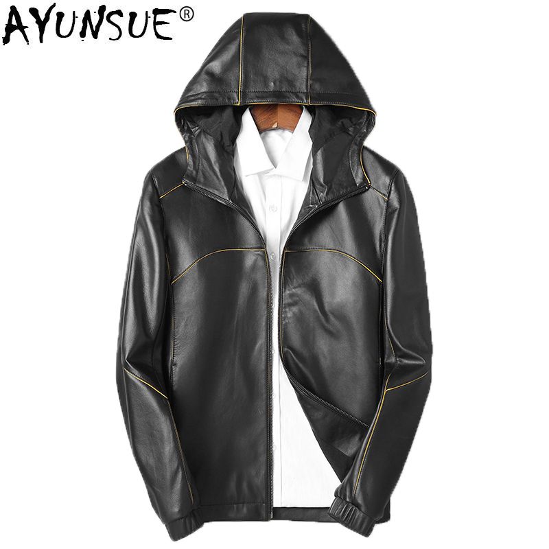 Ayunsue Genuine Leather Jacket Men Autumn Sheepskin Coat For Motorcycle Korean Jackets Short Hooded 2018 Kj1256