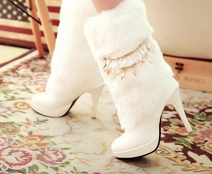 High heel shoes Wedding Shoes Fluff Thicken Winter Slimmer heel Snow boots Long boot Warm Bridal