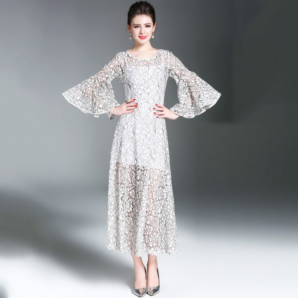 3 4 Sleeve White Lace Dress