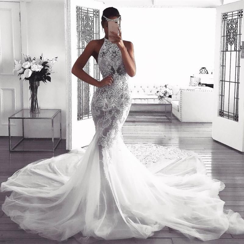 Cheap African Wedding Dress Glamorous Mermaid Lace Appliques Bodice