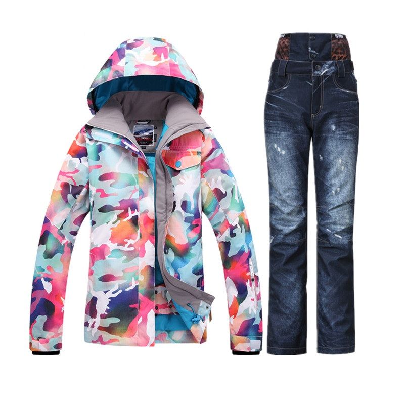 Großhandels 2017 Winter Schneeanzug Skianzug Weiblich Warm Wasserdicht Snowboard Jacke Denim Skihose Jeans veste de ski femme Großhandels 2017 Winter Schneeanzug Skianzug Weiblich Warm Wasserdicht Snowboard Jacke Denim Skihose Jeans veste de ski femme