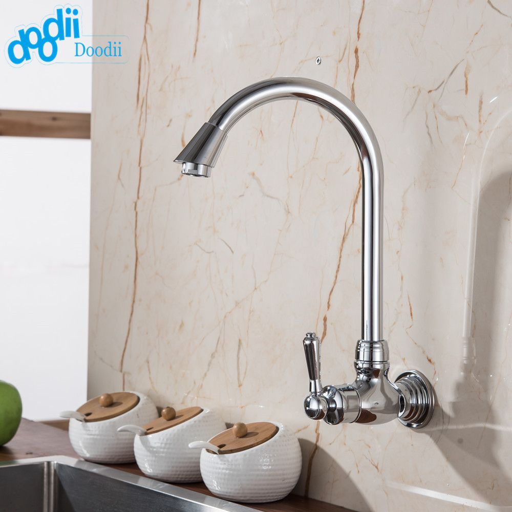Doodii 360 Degree Rotatable Faucet High Quality Chrome Finish Single Handle Kitchen Wall Mounted Cold Water Brass