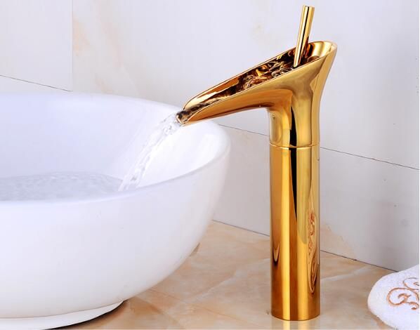 Free Shipping Contemporary High Modern Open Spout Water Fall Tap Bathroom Vessel Sink Faucet In Antique Brass Finished