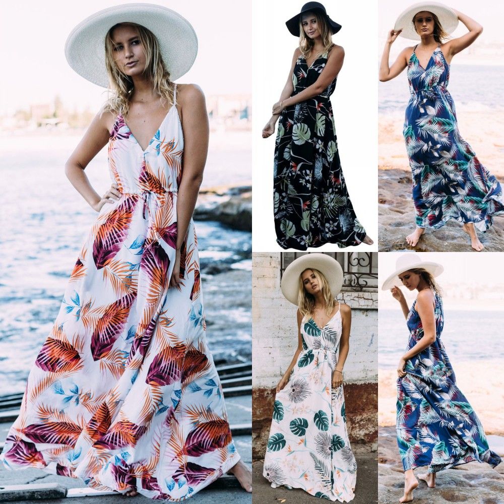 Womens Holiday Sleeveless Ladies Maxi Long Summer Print Beach Dress Swimwear For Women Bohemian Maxi Rompers Summer Dresses Fs3436