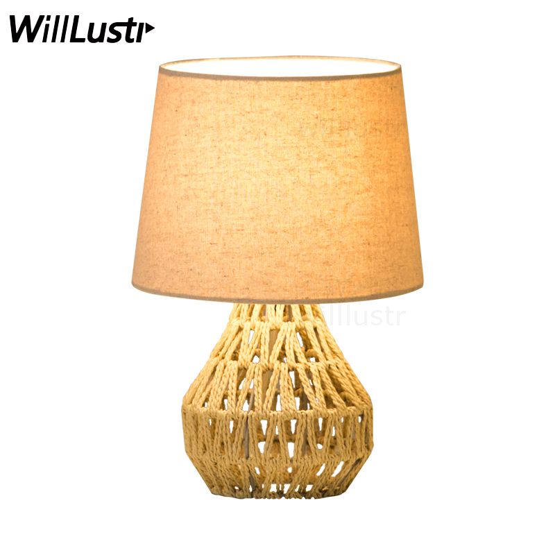 Modern Handmade Table Lamp Hand Knitted Hemp Rope Light Living Room Bedroom Lighting Fabric Shade Bedside Desk