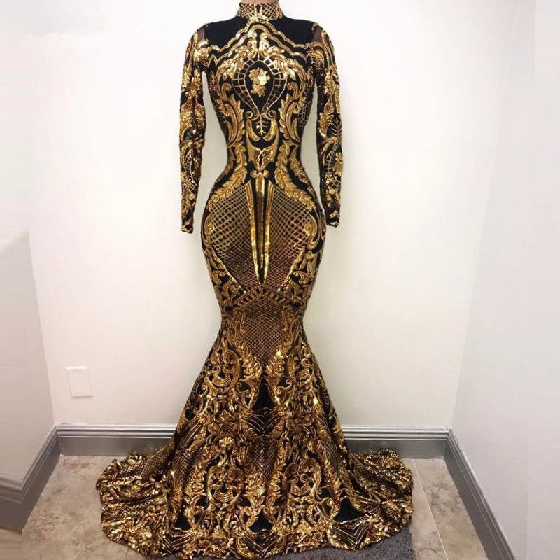 Gold And Black Sequined Long Sleeve Evening Dresses 2018 Floor Length
