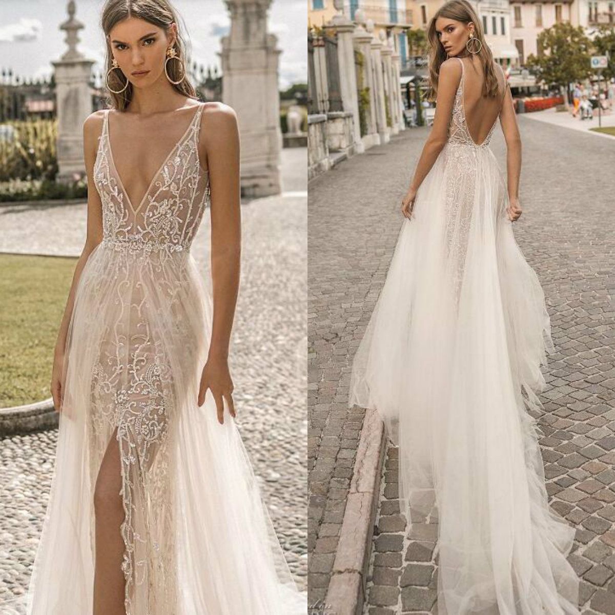 Discount Berta 2019 Beach Wedding Dresses Illusion V Neck Lace