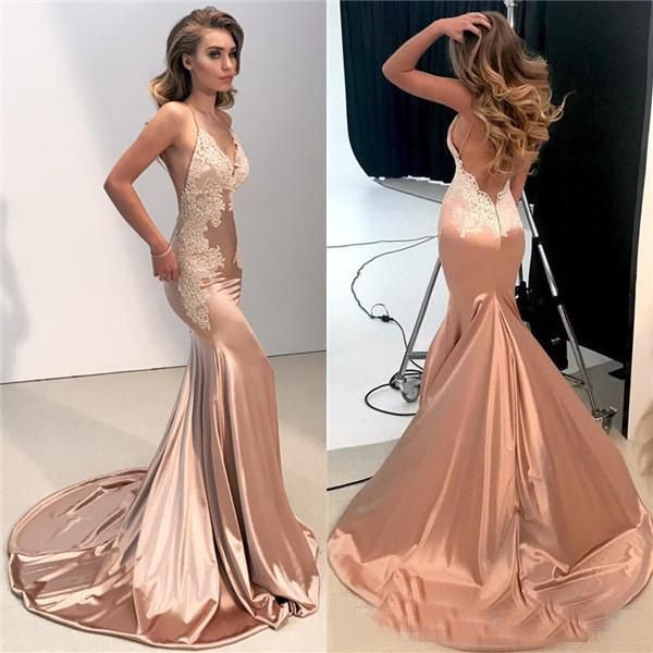 Compra Sin Espalda De Encaje Vestido De Fiesta 2018 De La Sirena Del  Partido De Tarde Correas Espaguetis Largos Vestidos Sin Espalda Apliques  Equipada Barato Bridesmiad Wears Barato | Entrega Rápida Y