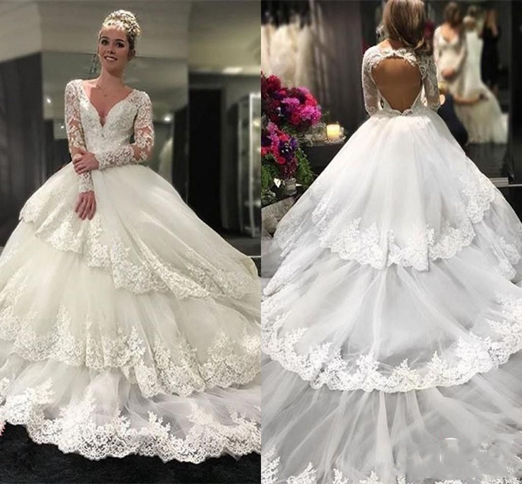 Vintage Long Sleeve Wedding Dresses V Neck Hollow Back Tiered Court