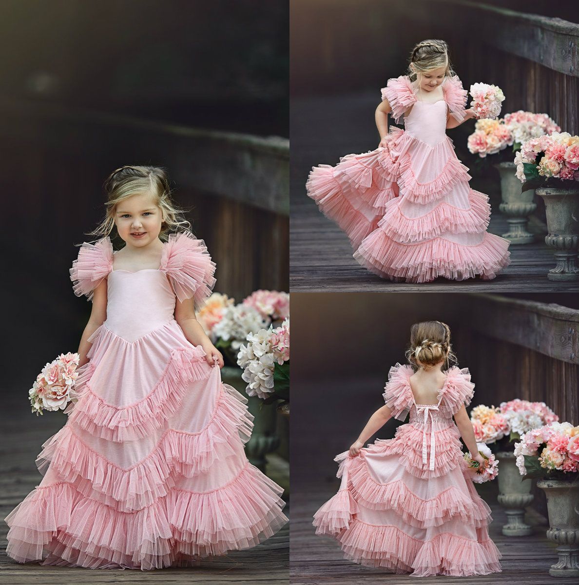 Lovely Blush Pink Flower Girl Dresses Tiered Ruffle Tulle Pageant Gowns