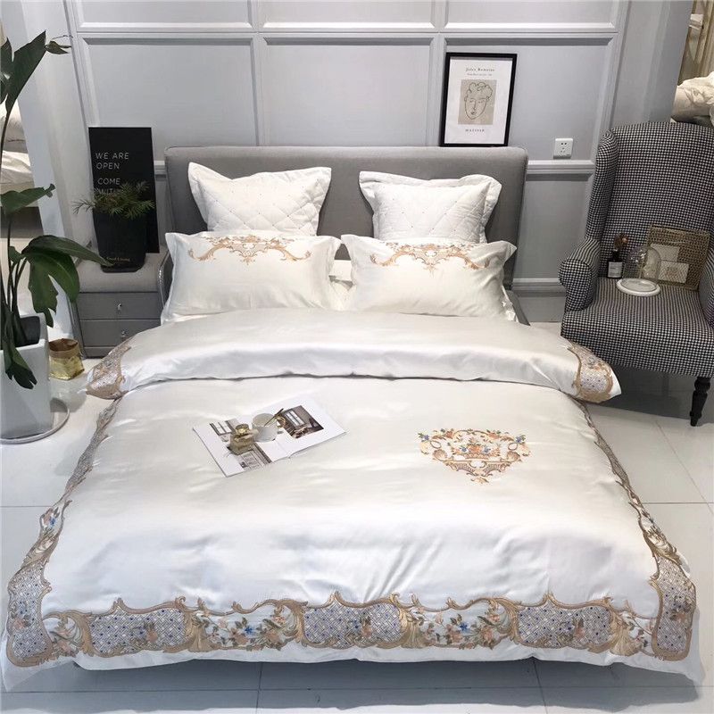 White Champagne Golden Luxury 100 Silk Cotton Royal Embroidery White Champagne Golden Luxury 100 Silk Cotton Royal Embroidery Bedding Set Duvet Cover Bed Sheet Pillowcases King Queen Size Comforter