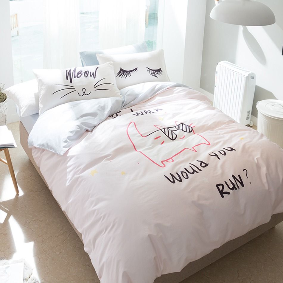 Cat With Glasses Bedding Set Queen Twin Size Light Pink Duvet Cover Cat With Glasses Bedding Set Queen Twin Size Light Pink Duvet Cover Eyelash Pillowcase 100 Cotton Sets Designer Girls From