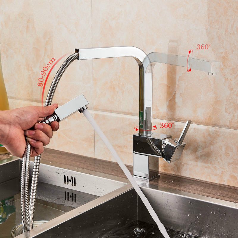 Bright Chrome Pull Out Kitchen Faucet Square Brass Mixer Sink Faucets Down Tap