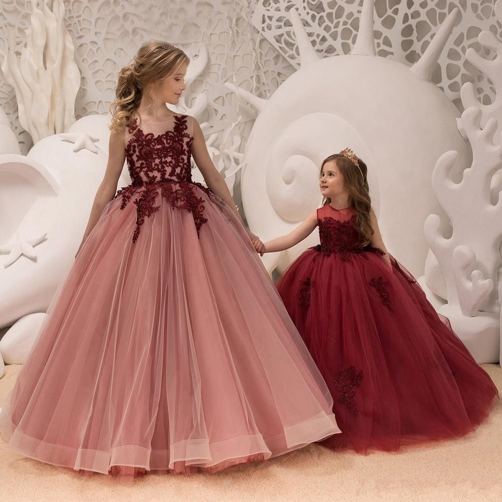 champagne and burgundy flower girl dresses