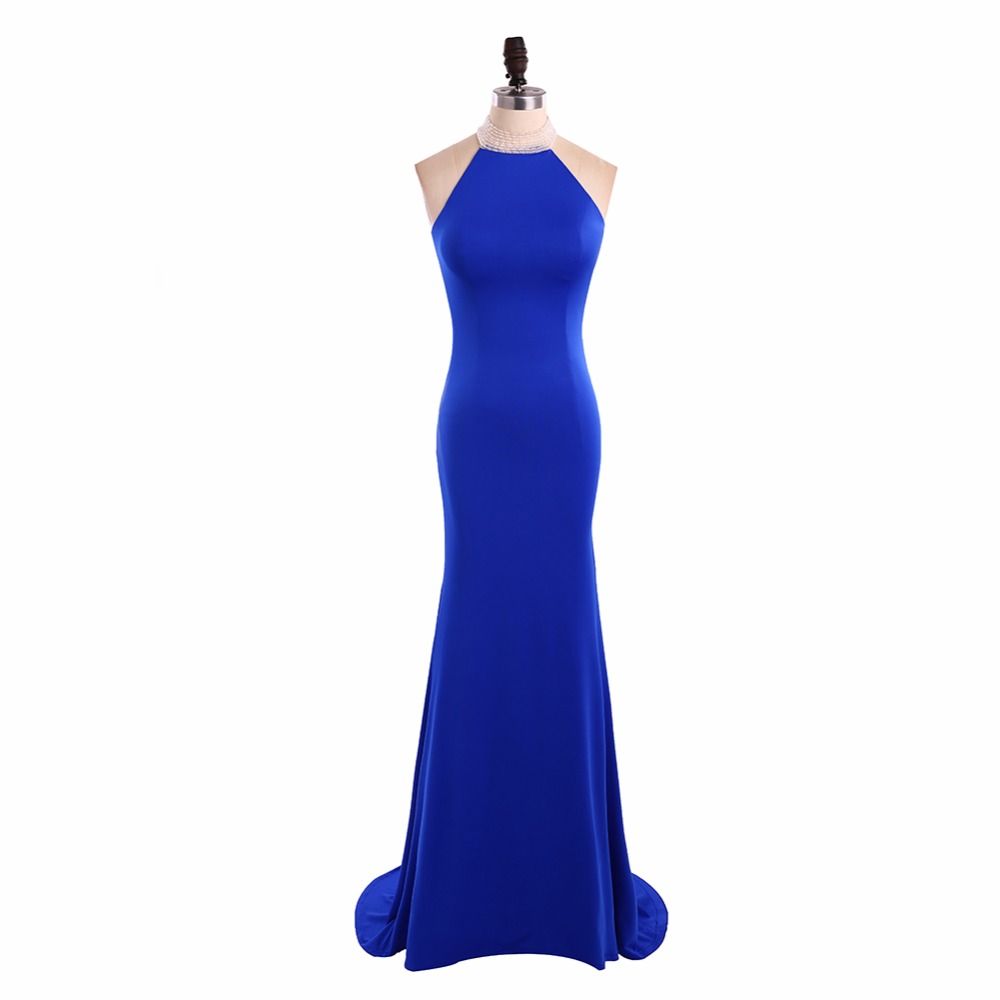 Real Made Blue Satin Ladies Evening Dress 2018 New Style Beaded