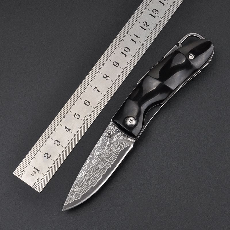 Custom Logo Folding Pocket Knife Damascus Steel Blade Buffalo Horn