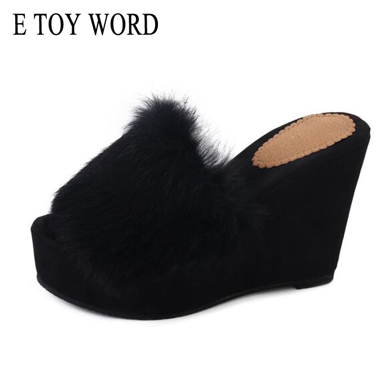 e toy word faux fur slides 2017 slip on wedges winter sweet casual word slip