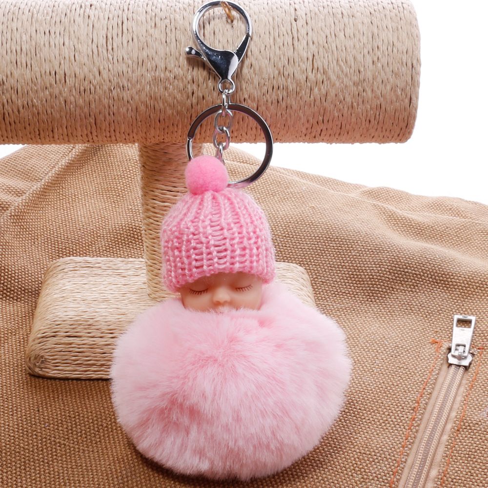 2020 Cute Sleeping Baby Doll Keychain Pompom Rabbit Fur Ball Key Chain
