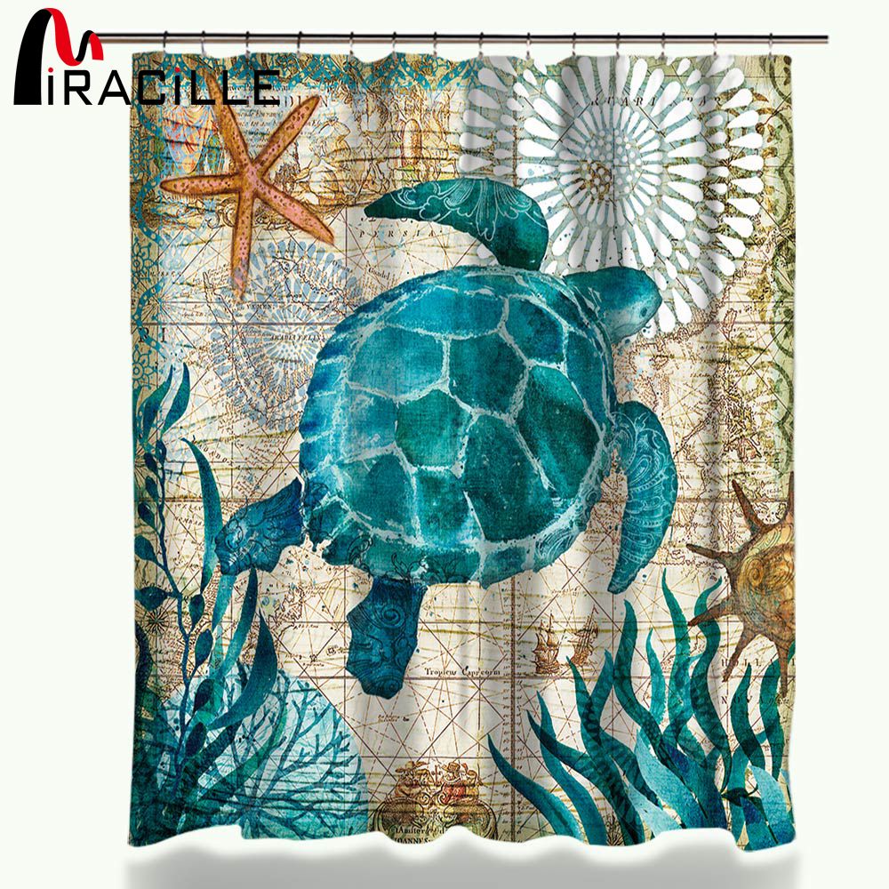 Sea Turtle Ocean Scenery Shower Curtain Bathroom Waterproof Fabric 12 Hook 71/"