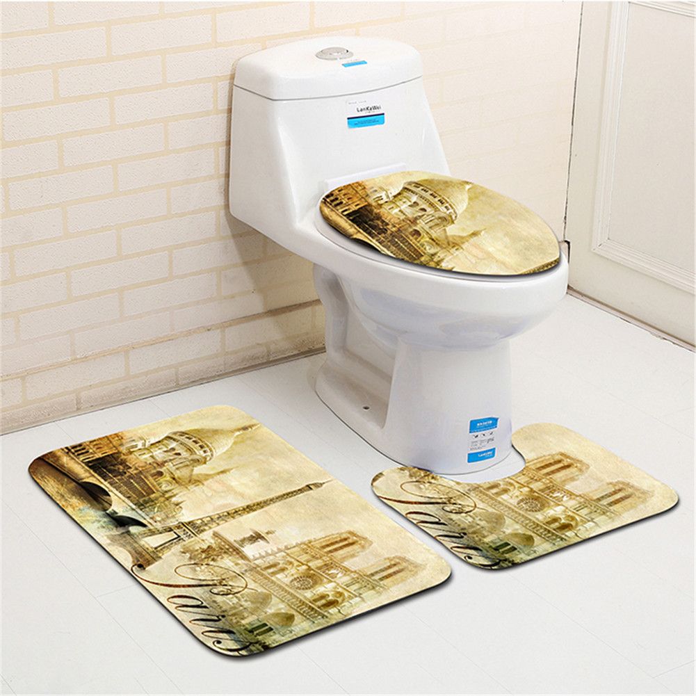 3Pcs//Set Durable Animal Print Non-slip Bath Mat Toilet Rug Bathroom Supplies