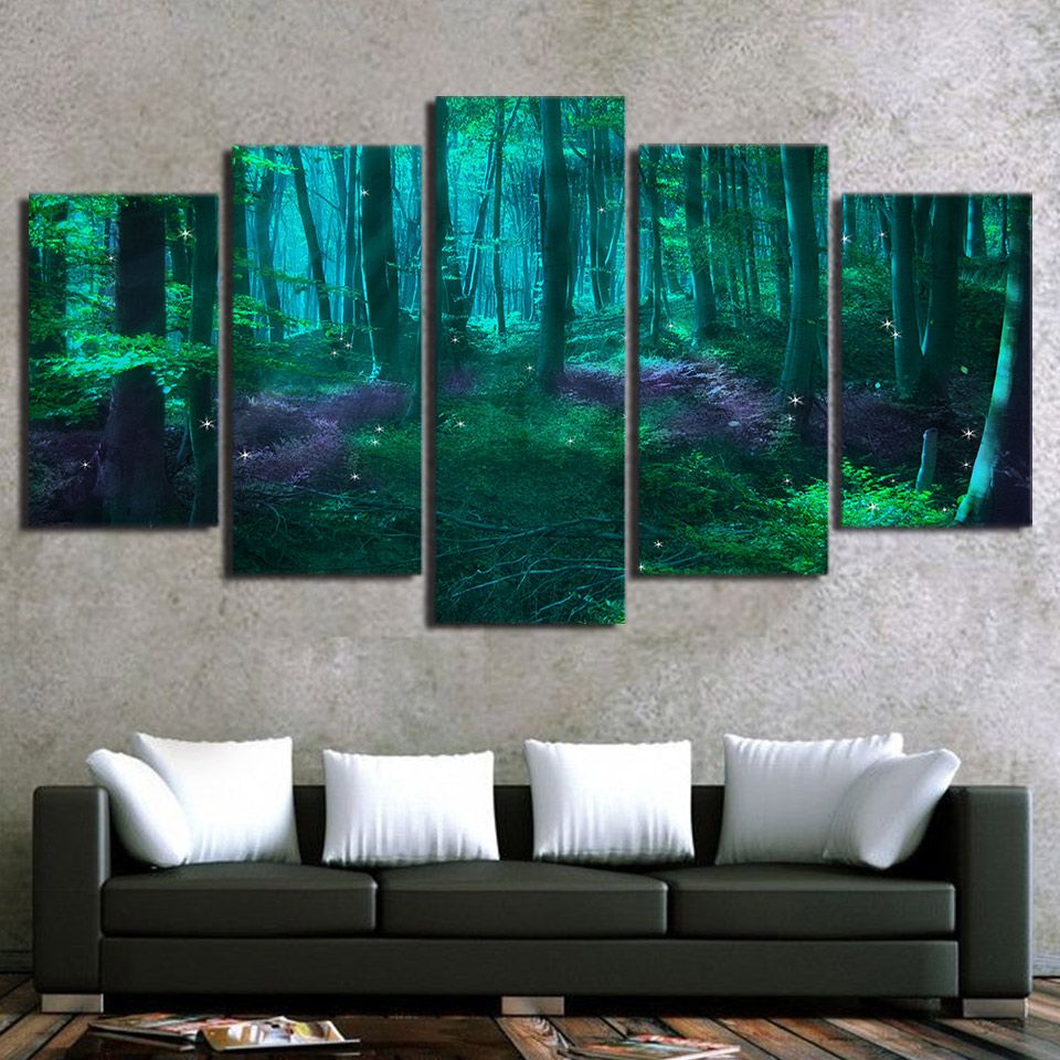 5 Piece Hd Printed Wall Art Canvas Painting Green Tree Abstract Fairy Tale Forest Poster And Prints Modular Pictures