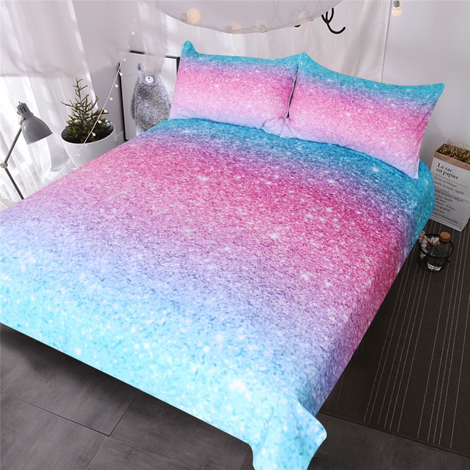 Colorful Glitter Bedding Set Girly Turquoise Blue Pink Pastel Colors Shining Duvet Cover 3 Piece Trendy Bedspreads