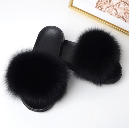 women summer slippers flat fox fur slippers nature real fur beach