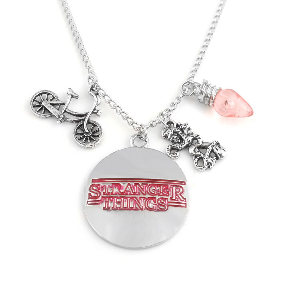 Whole Stranger Things Charm Necklace Letter Logo Pink Light Bulb Whole Stranger Things Charm Necklace Letter Logo Pink Light Bulb Monster Bicycle Bike Pendant Necklaces Women Men Jewelry Heart
