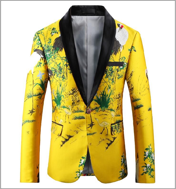 Compre Blazer Amarillo Hombres 2018 Slim Fit Blazer Chaqueta Bordado Floral  Cuello Chal Traje Casual Para Hombre Prom Blazers A 41,05 € Del Mascotsell  | DHgate.Com