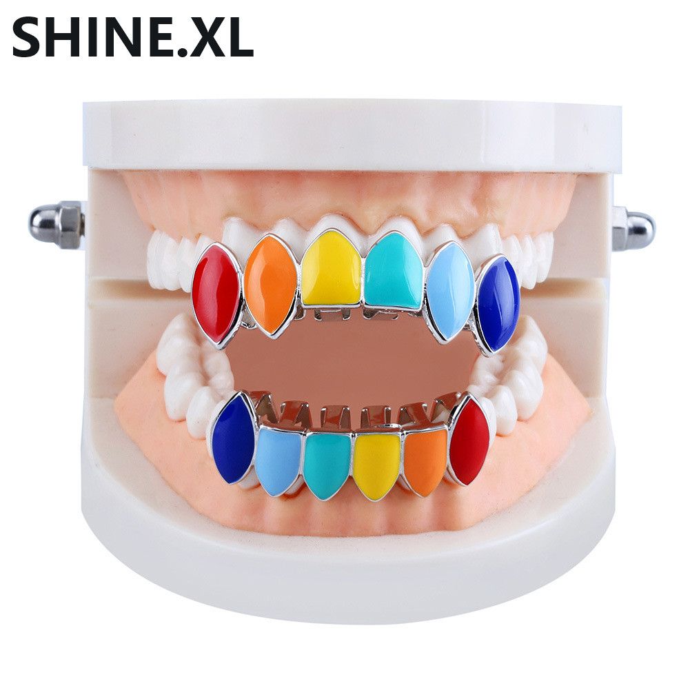 Hip Hop Gold Tekashi69 Rainbow Teeth Grillz Top&Bottom Colorful Grills Dental Halloween Vampire