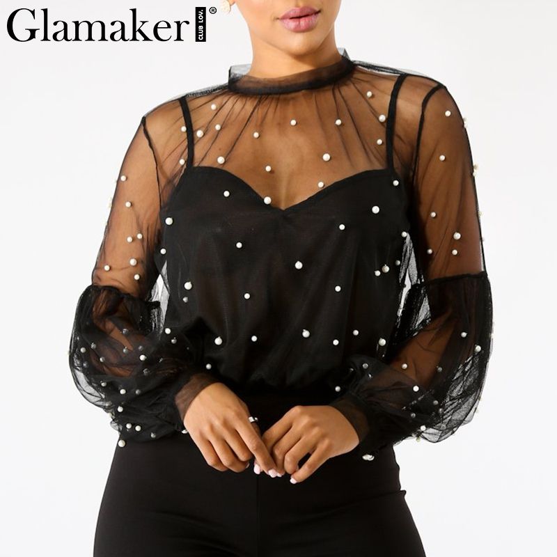 Acheter Chemisier Chemisier Blanc Transparent De Glamaker Pearl Femmes Manches Evasees Noir Dhiver Top Femme Streetwear Casual Shirt Mode 2018 De 20 17 Du Malleight Dhgate Com