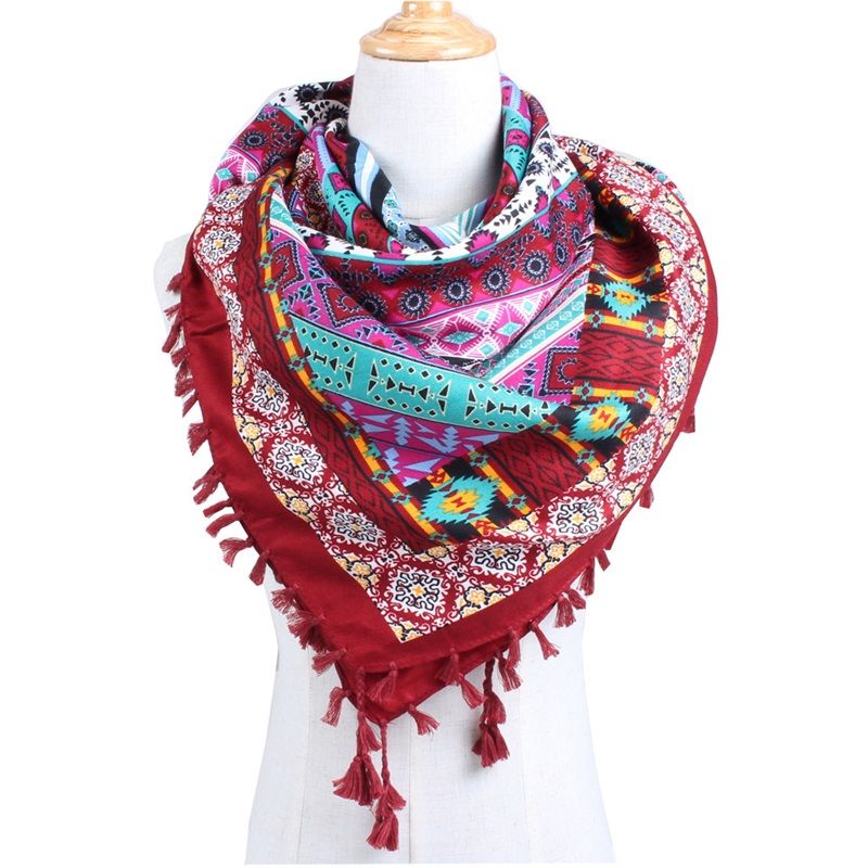 Ethnic Style Large Square Scarf Wrap Floral Cotton Geometry Pattern