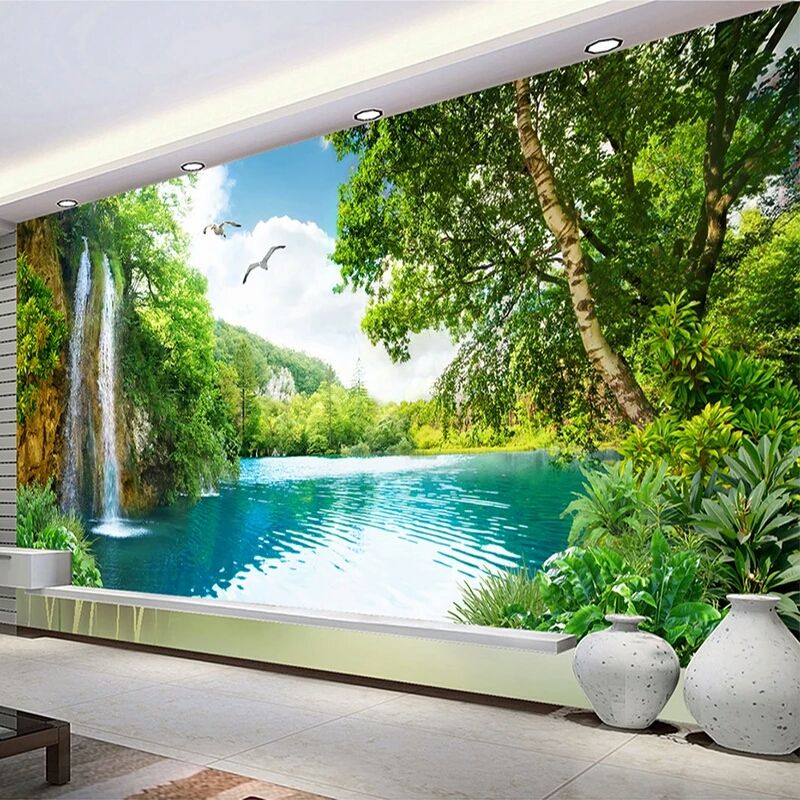 Custom 3D Wall Mural Wallpaper Home Decor Green Mountain Waterfall