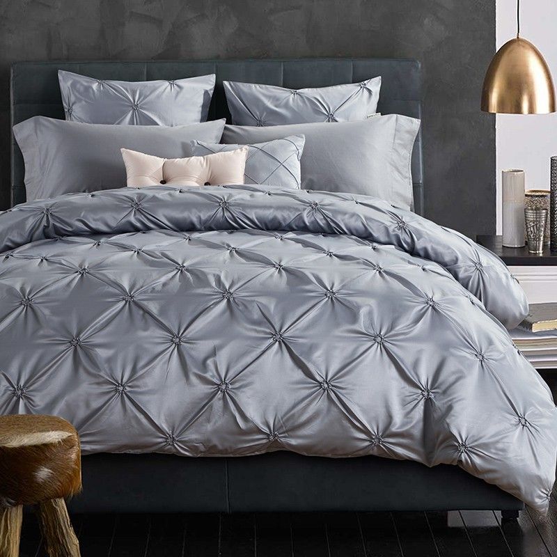 Hand Made Pinch Pleat Bedding Sets Queen King Size Silver Gray Bed Hand Made Pinch Pleat Bedding Sets Queen King Size Silver Gray Bed Cover Solid Color Satin Duvet Set Sheet Cotton Full Comforter