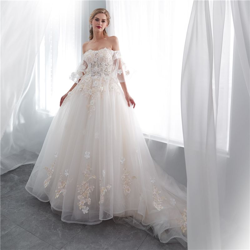 Discount Off Shoulder Tulle Wedding Dresses Lace Up Illusion Sleeves