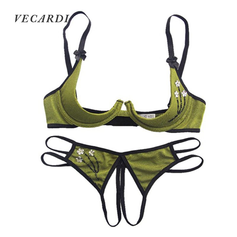 2020 Vecardi Hot Sexy Lace Open Cup Bra Sets Ladies Sexy Green