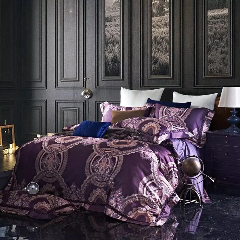Purple Luxury Bedding Set Queen Size Egyptian Cotton Duvet Cover Purple Luxury Bedding Set Queen Size Egyptian Cotton Duvet Cover Jacquard Bed Linen Wedding Sheet Royal Home Textile Plaid Black