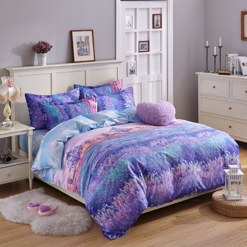 Romantic Designer Purple Bedding Set Queen Twin Size Lavender Print Romantic Designer Purple Bedding Set Queen Twin Size Lavender Print Duvet Cover Flat Bedspread Pillowcases Cotton Bed Linen Green Covers Fashion