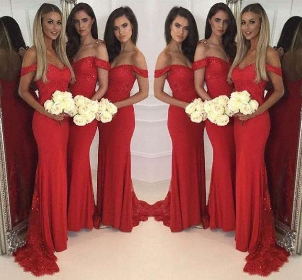red off the shoulder bridesmaid dress