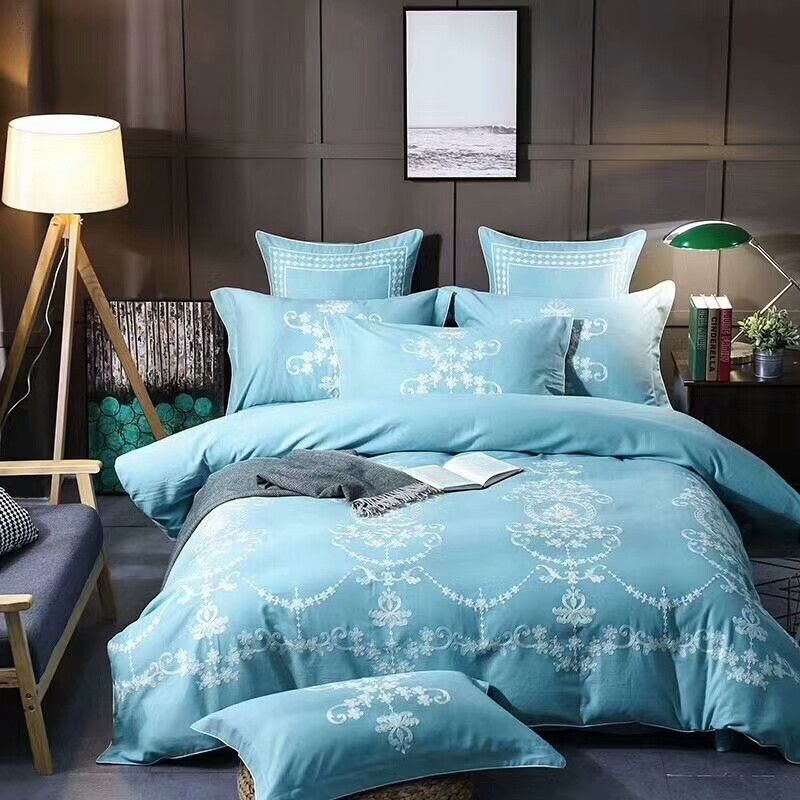 Luxury Egyptian Cotton Silky Blue Bedding Sets Embroidery Queen King Luxury Egyptian Cotton Silky Blue Bedding Sets Embroidery Queen King Size Bed Duvet Cover Sheets Linen Set Pillowcases Clearance