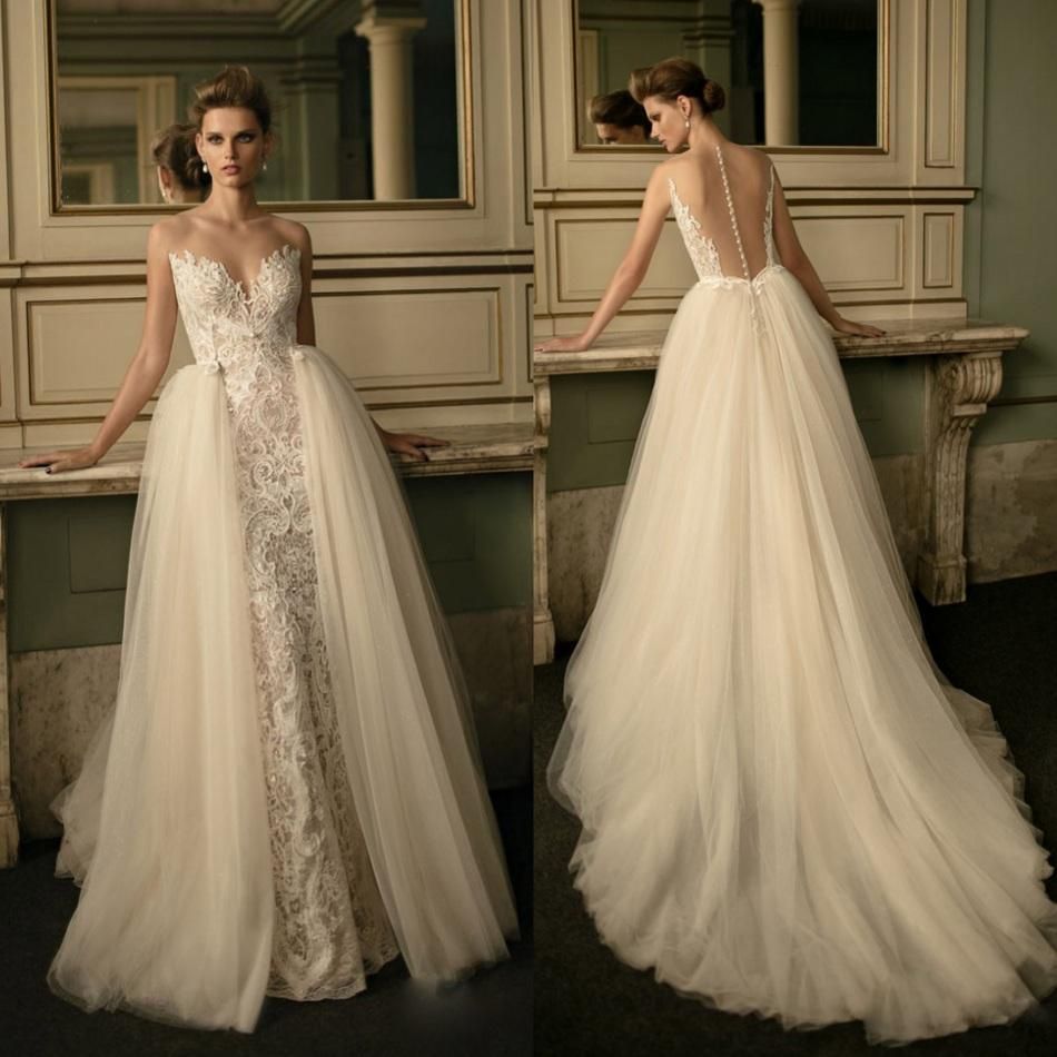 Champagne Romantic Overskirt Wedding Dresses Full Lace Illusion Covered