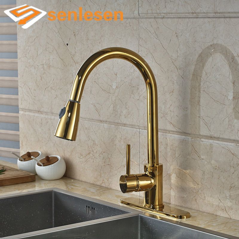 Luxury Kitchen Sink Faucet Gold Finish Single Handle With 10 Inches Hole Cover Plate Deck Mounted